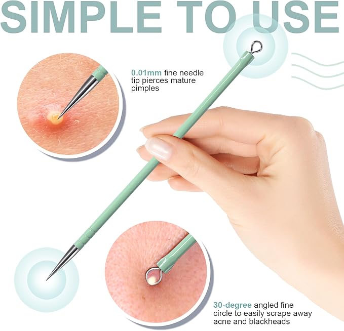 Teenitor Pimple Extractor Acne Treatment Surgical Grade Blackhead Comedone Removal 2-in-1 Popper Tool for Face Nose (Green)