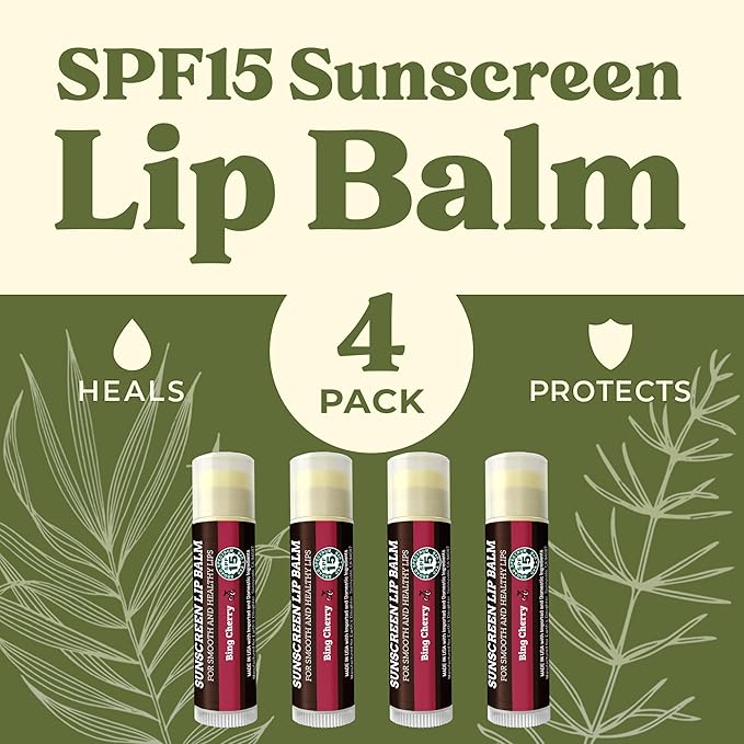 Earth's Daughter SPF Lip Balm Cherry Flavor 4-Pack Stocking Stuffers - Lip Sunscreen, SPF 15, Organic Ingredients, Beeswax, Coconut Oil, Vitamin E - Hypoallergenic, Paraben Free, Gluten Free