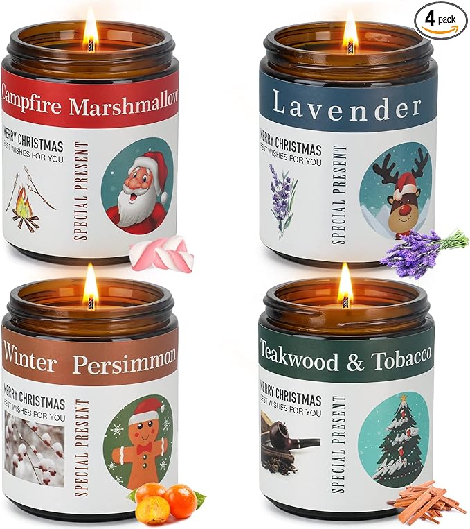 4-Pack Christmas Candles for Home Scented,7.1 oz Soy Wax Holiday Gifts Set with Festive Stickers - Kaki Persimmon, Lavender, Teakwood Tobacco, Bonfire Marshmallow for Home Decor, Aromatherapy