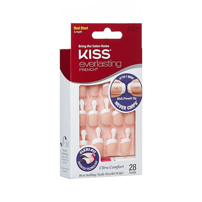 Kiss Everlasting French Nail Manicure, Chip-Free with Flexi-Fit Technology, Real Short, "Endless", Nail Kit with Pink Nail Glue (Net Wt. 2 g / 0.07oz.), Mini File, Manicure Stick, and 28 Fake Nails