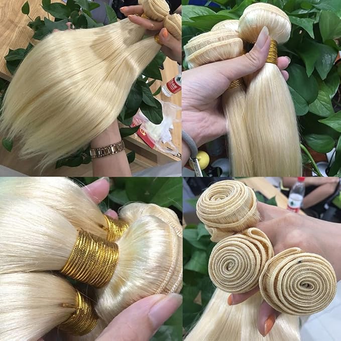 HC 613 Bundles Human Hair 28 Inch Blonde Straight 100% Unprocessed 12A Grade Brazilian Virgin Bundles (Single Bundles)
