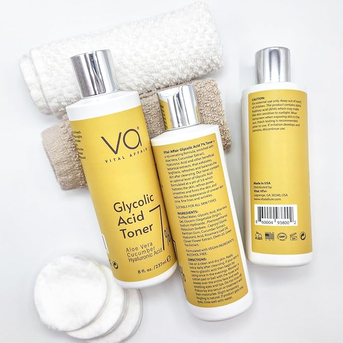 Glycolic Acid Toner for Face - Anti Aging, Pore Minimizer for Face, Exfoliating Toner - with Aloe Vera, Cucumber, Hyaluronic Acid - AHA - Alcohol Free - for All Skin Types - by Vital Affair.