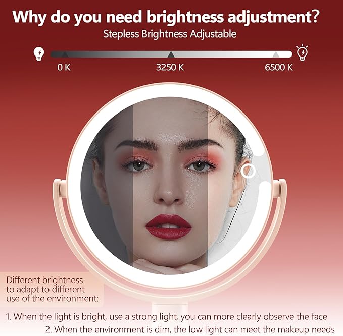 MIYADIVA Makeup Mirror with Lights,20X Magnifying Mirror with Light and Touch Switch,Vanity Mirror with 3 Color Light and 80 LEDs,2-Sided Lighted Magnified Mirrors 8.8 Inches, Pink