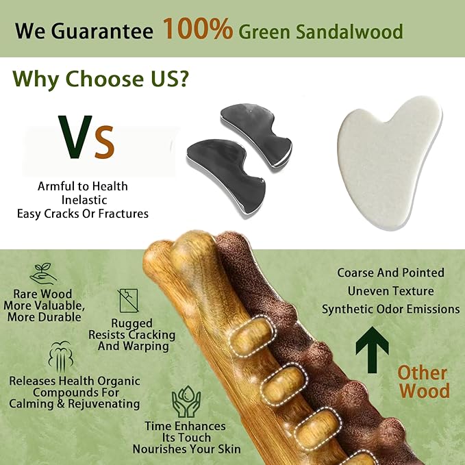 4-in-1 Gua Sha Tool for Face & Body, Natural Green Sandalwood – Lymphatic Drainage, Jaw Lifting & Nose Sculpting, Head Massage Comb for Stress Relief, Home Office Self Care Gifts for Mom Girl Friend
