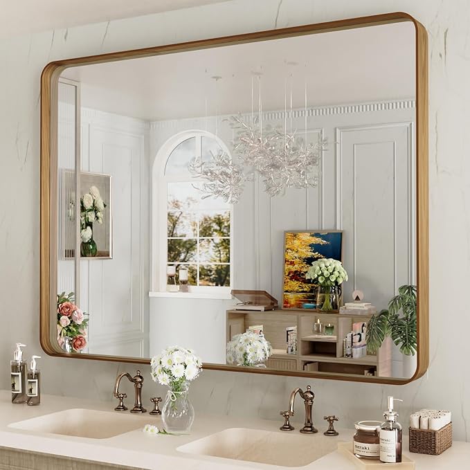 LOAAO 48X36 Inch Bathroom Mirror with Wood Grain Colored Metal Frame, Rounded Rectangle Metal Framed Bathroom Mirror, Anti-Rust, Hangs Horizontally or Vertically, Tempered Glass