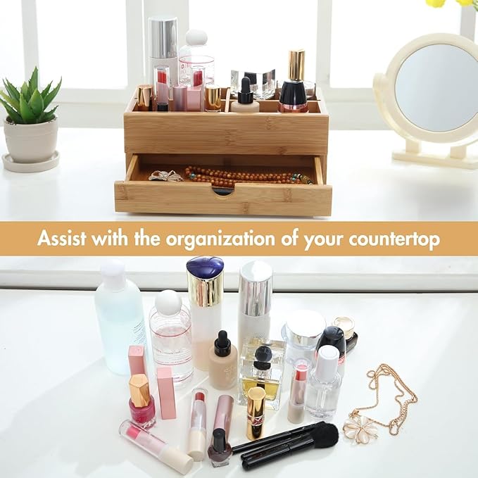 GOBAM Bamboo Makeup Organizer and Storage with Drawer, Wooden Cosmetic Organizer Countertop for Bathroom, Bedroom, Kitchen & Dresser, Desk Organizer with Drawers and Make up Vanity Station - Medium