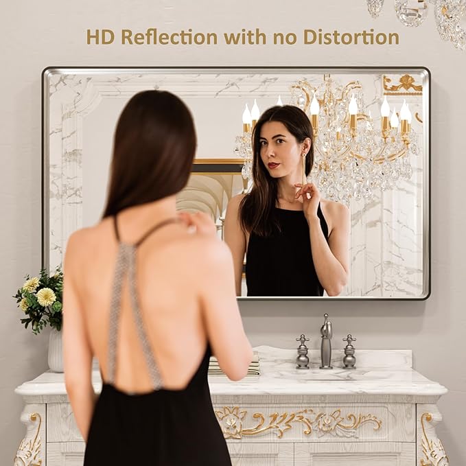 LOAAO 60X36 Inch Brushed Nickel Bathroom Mirror, Rounded Rectangle Silver Metal Frame Mirror, Brushed Nickel, Anti-Rust, Shatter Proof, Hangs Horizontally or Vertically