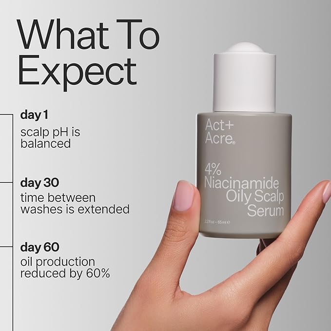 Act+Acre Cold Processed 4% Niacinamide Oily Scalp Serum | Reduces Oil & Odor | Fermented Green Tea + Astragalus | Extends Time Between Washes | Vegan, Fragrance-Free | 2.2 Fl Oz