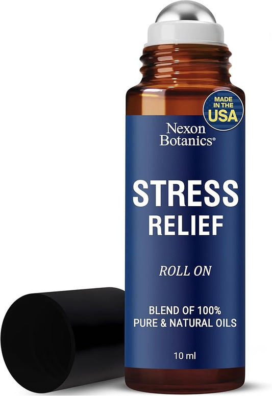 Stress Relief Essential Oil Roll-On 10 ml - Natural Stress Relief Blend with Lavender, Geranium & Frankincense Oils - Prediluted Roller for Calming Aromatherapy - Nexon Botanics