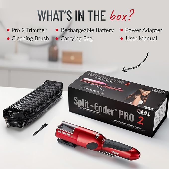 Pro 2 - Original Professional Beauty Tool - Cordless Split End Hair Trimmer for Damaged, Dry, Brittle, Frizzy, Curly or Straight Hair (Red)