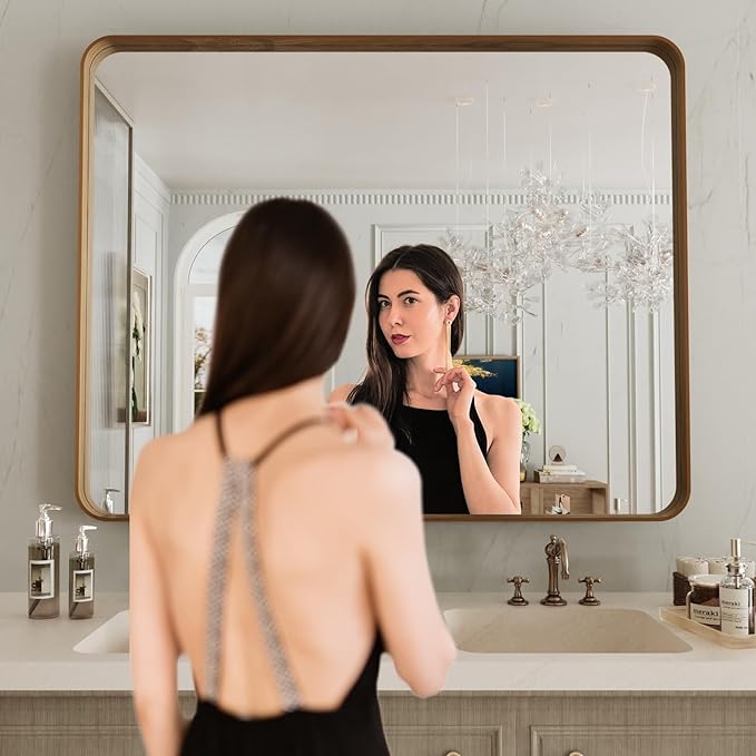 LOAAO 40X32 Inch Bathroom Mirror with Wood Grain Colored Metal Frame, Rounded Rectangle Metal Framed Bathroom Mirror, Anti-Rust, Hangs Horizontally or Vertically, Tempered Glass