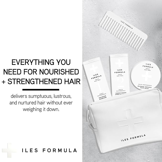 Iles Formula Nurture Pack (5-Piece Set) Shampoo + Conditioner + Hair Mask + Comb in Faux Leather Beauty Bag - Nourishes, Strengthens, Helps Prevent Hair Breakage, Infused with Vitamins & Tucuma Butter