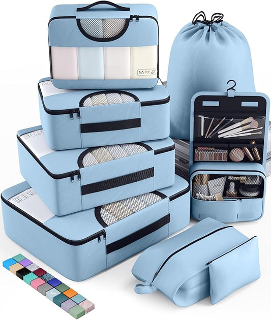 Veken 8 Set Packing Cubes for Travel Essentials, Suitcase Organizer Bags in 4 Sizes, Carry-On Luggage Accessories with Large Laundry & Hanging Toiletry Bag, Must-Have for Airplane, Road Trip & Camping