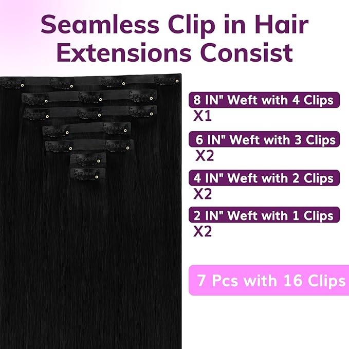 IDN BEAUTY Seamless Clip In Hair Extensions Human Hair Jet Black Real Remy Virgin Human Hair Seamless Clip Ins For Black Women PU Weft Invisible Edge Thick Soft Hair ST 110g 14 Inches