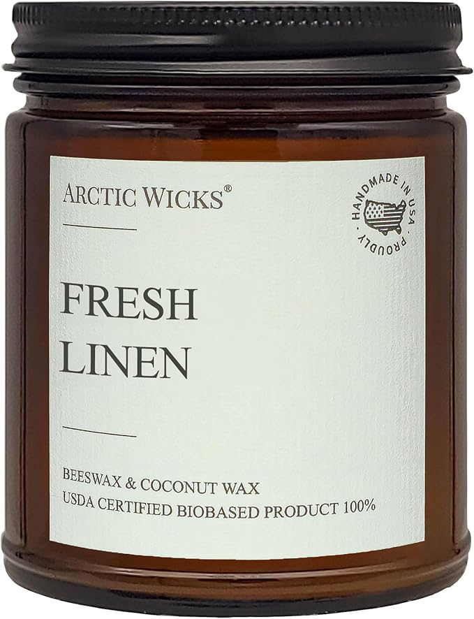 Arctic Wicks Scented Coconut Beeswax Candles | Coconut Beeswax Non Toxic Candle 9oz Amber | Farmhouse Candles Non-Toxic Clean Burn 100% USDA Certified Biobased (Fresh Linen)