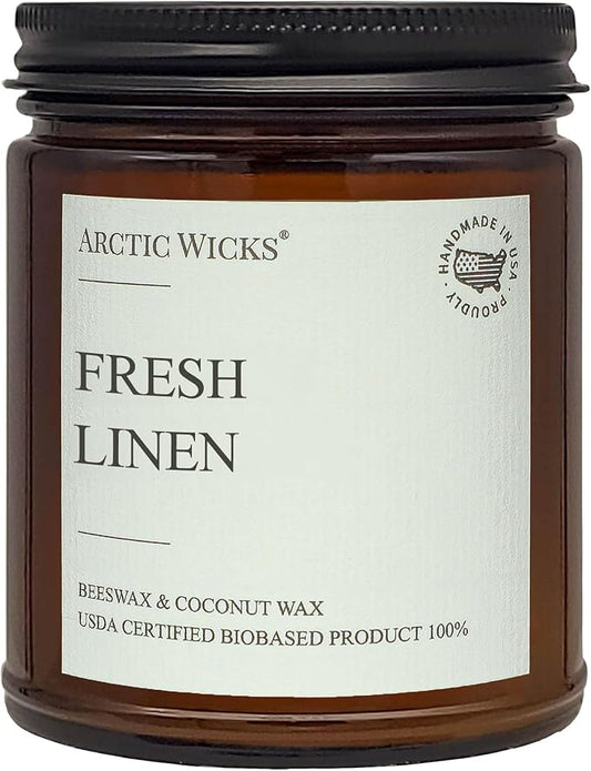 Arctic Wicks Scented Coconut Beeswax Candles | Coconut Beeswax Non Toxic Candle 9oz Amber | Farmhouse Candles Non-Toxic Clean Burn 100% USDA Certified Biobased (Fresh Linen)