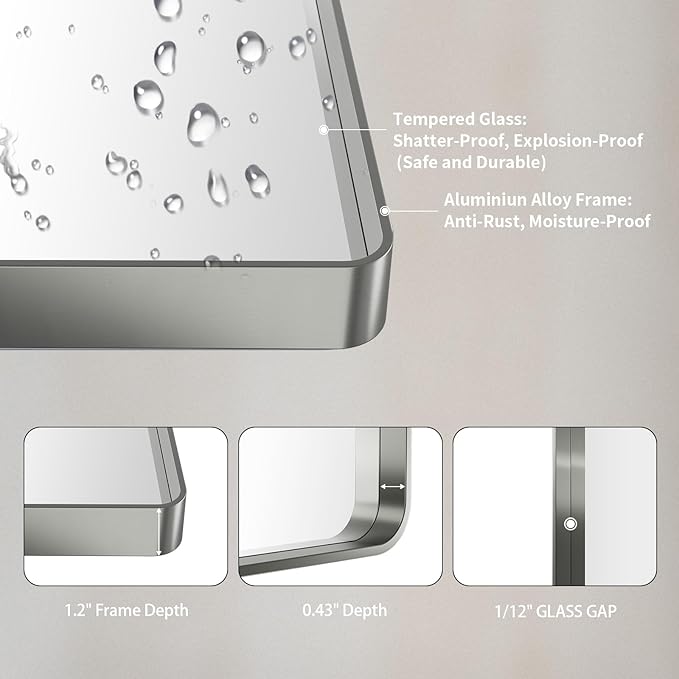 LOAAO 77X36 Inch Brushed Nickel Bathroom Mirror, Rounded Rectangle Silver Metal Frame Mirror, Brushed Nickel, Anti-Rust, Hangs Horizontally or Vertically