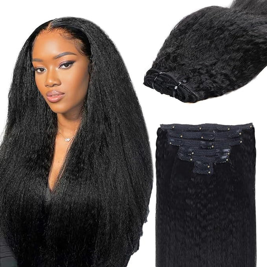 IDN BEAUTY Clip In Hair Extensions Real Human Hair, 22 Inch 120g 7pcs Kinky Straight Clip Ins Natural Black Human Hair Clip In Extensions Remy Hair Clip Ins Real Human Hair Black Women Thick Hair
