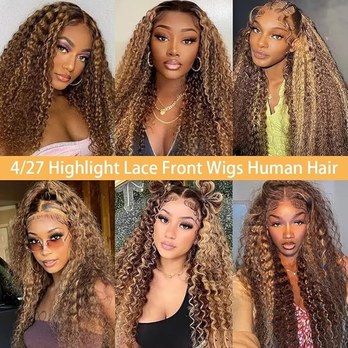 Highlight Ombre Lace Front Wigs Human Hair Honey Blonde Deep Wave 13x6 HD Transparent Lace Frontal Wigs Human Hair P4/27 Colored Curly Wig for Women 180% Density Glueless Pre Plucked 22 Inch Wig