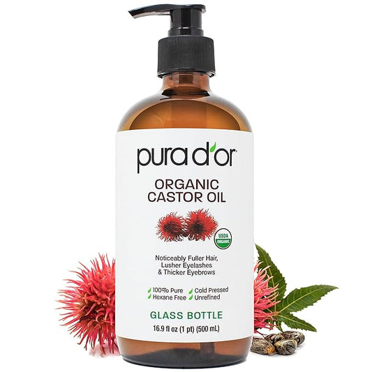 PURA D'OR 16.9 oz Organic Castor Oil (GLASS BOTTLE) Pure Cold-Pressed Hexane-Free USDA Certified – Lashes Brows Hair Scalp Skin – Botanical Moisturizer for Softness Strength Hydration Shine Radiance