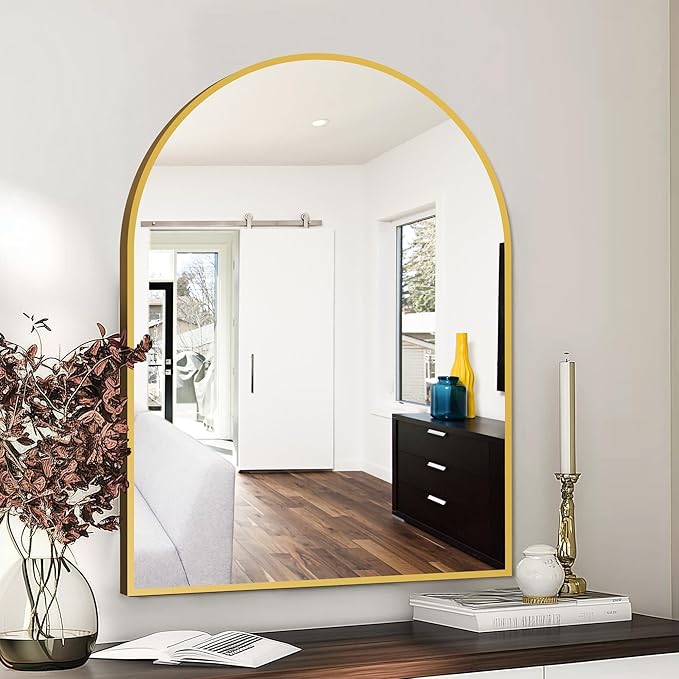 FICTOR Bathroom Vanity Mirror for Wall,40”x30” Large Arched Metal Framed Bathroom Mirror for Over Sink, Entryway, Living Room & Bedroom(Gold)