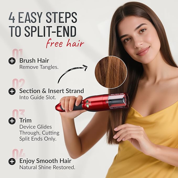 Pro 2 - Original Professional Beauty Tool - Cordless Split End Hair Trimmer for Damaged, Dry, Brittle, Frizzy, Curly or Straight Hair (Red)