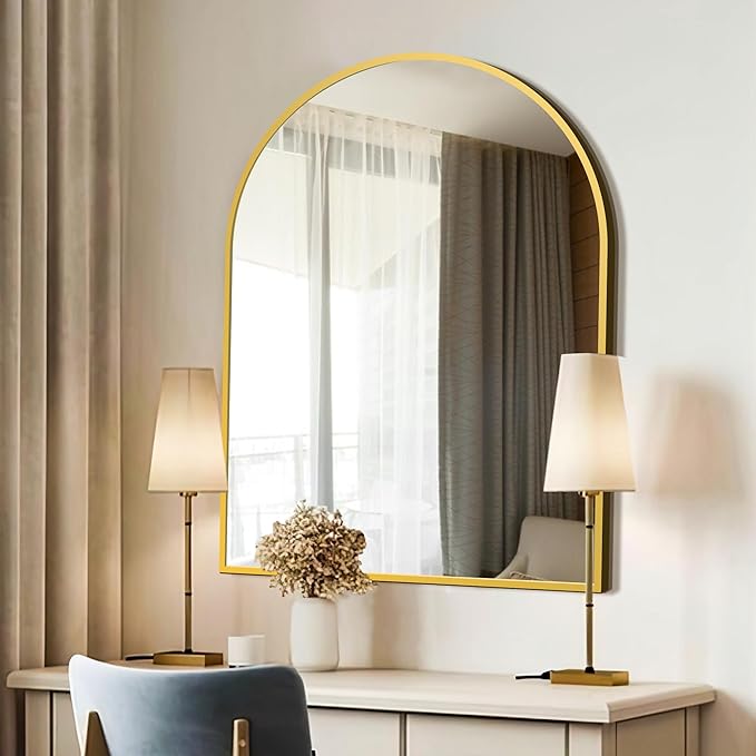 FICTOR Bathroom Vanity Mirror for Wall,40”x30” Large Arched Metal Framed Bathroom Mirror for Over Sink, Entryway, Living Room & Bedroom(Gold)