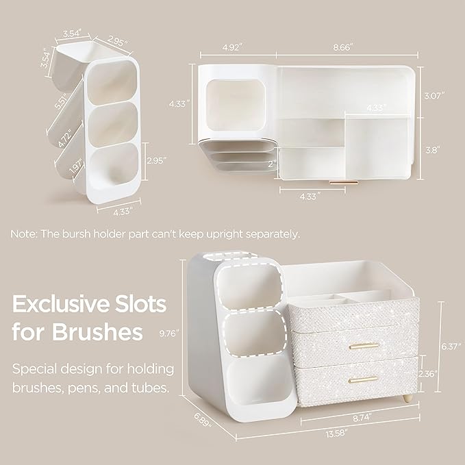 HBlife Makeup Organizer with Brush Holder for Vanity, Large Plastic Bathroom Countertop Organizer Skin Care Storage, Easy to Store Nail Polishes, Perfumes, Eyeshadow Palettes, Pearl All White