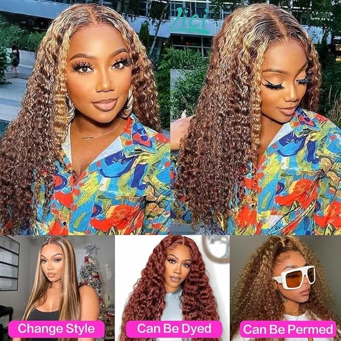Highlight Ombre Lace Front Wigs Human Hair Honey Blonde Deep Wave 13x6 HD Transparent Lace Frontal Wigs Human Hair P4/27 Colored Curly Wig for Women 180% Density Glueless Pre Plucked 34 Inch Wig