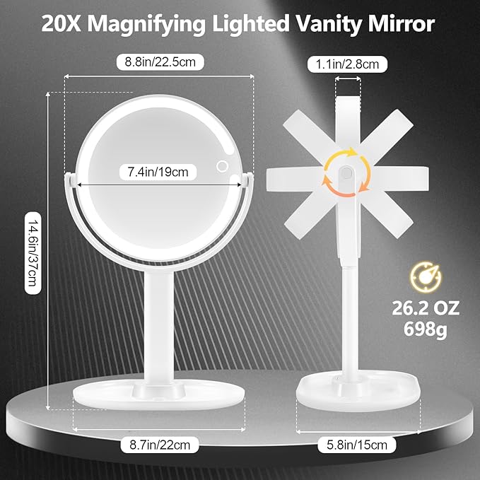 Makeup Mirror with Lights,20X Magnifying Mirror with Light and Touch Switch,Vanity Mirror with 3 Color Light and 80 LEDs,2-Sided Lighted Magnified Mirror 8.8 Inches