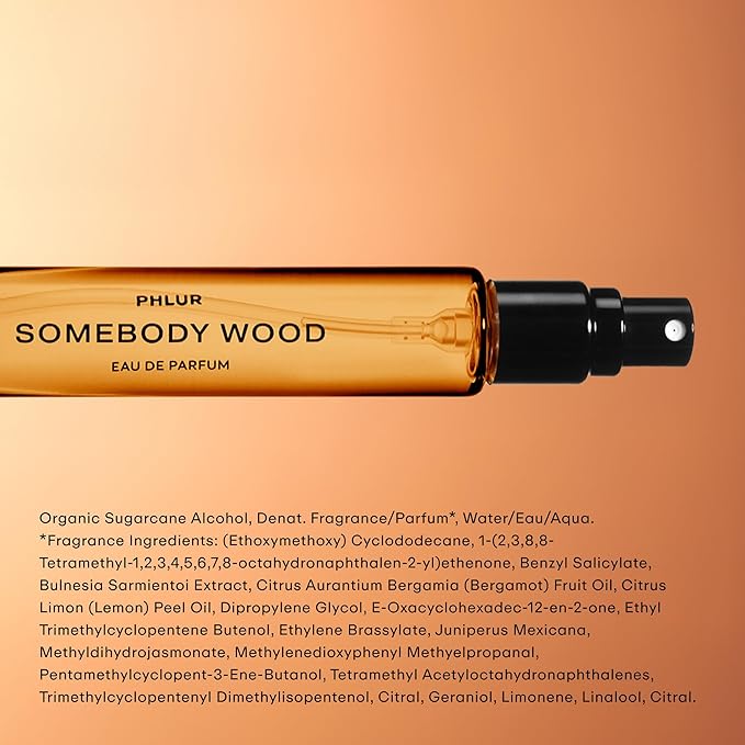 PHLUR Somebody Wood Eau de Parfum - Travel Size Perfume for Women & Men Fragrance - Spicy Woody Perfume with Bergamot, Lemon, Cedarwood, Sandalwood, Musk & Vanilla (9.5mL)