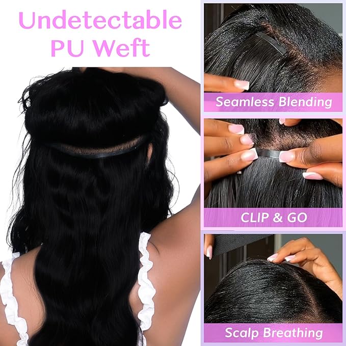 IDN BEAUTY Seamless Clip In Hair Extensions Human Hair Jet Black Real Remy Virgin Human Hair Seamless Clip Ins For Black Women PU Weft Invisible Edge Thick Soft Hair BW 110g 14 Inches