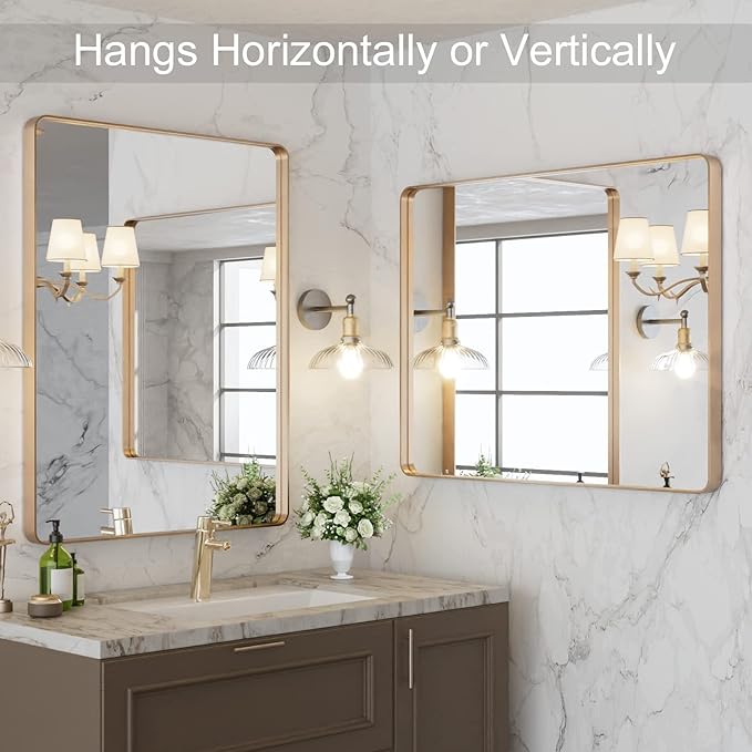 LOAAO 28”X36” Gold Bathroom Mirror, Rounded Rectangle Gold Frame Mirror, Brushed Gold Bathroom Vanity Mirror Wall-Mounted, Anti-Rust, Hangs Horizontally or Vertically