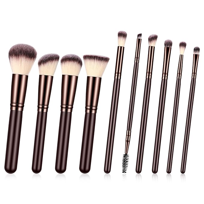 Makeup Brush Sets 10 Pcs Make Up Brushes for Women Wooden Handle Soft Synthetic Bristles Professional Complete Makeup Brushes for Face Foundation Concealer Blush Eyeshadow Brown for Women Girls