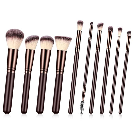 Makeup Brush Sets 10 Pcs Make Up Brushes for Women Wooden Handle Soft Synthetic Bristles Professional Complete Makeup Brushes for Face Foundation Concealer Blush Eyeshadow Brown for Women Girls