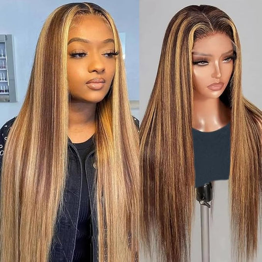 Honey Blonde Ombre Lace Front Wig Human Hair 13x6 HD Transparent Straight Lace Front Wigs Pre Plucked 200% Density 4/27 Colored Human Hair Wig for Women (24 Inch)