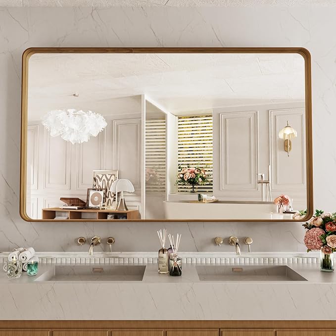 LOAAO 60X28 Inch Bathroom Mirror with Wood Grain Colored Metal Frame, Rounded Rectangle Metal Framed Bathroom Mirror, Anti-Rust, Hangs Horizontally or Vertically, Tempered Glass