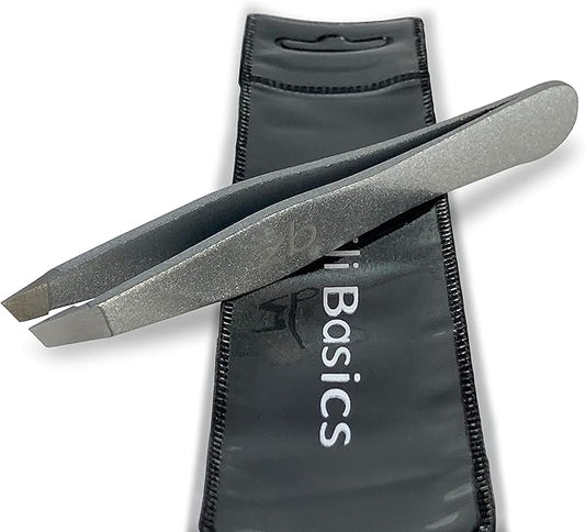 Tweezers - Surgical Grade Stainless Steel - Slant Tip for Expert Eyebrow Shaping and Facial Hair Removal - with Bonus Protective Pouch - Best Tweezer for Men and Women