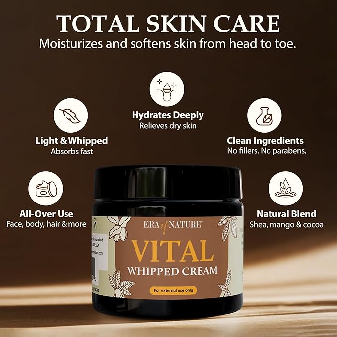 era of nature Shea Butter, Mango & Cocoa Blend Vital Whipped Body Cream for Women 16oz - Lightweight Whipped Lotion - Non-Greasy Body Butter Cream Lotion & Balm Moisturizer for Face, Hair & Dry Skin