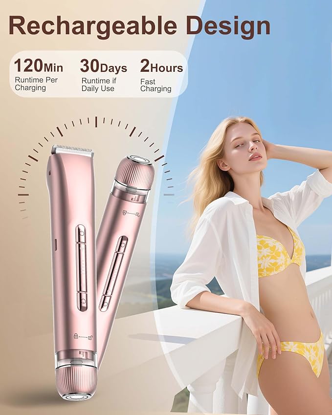 Bikini Trimmer for Women – Dual Head Electric Razors for Women, Painless Bikini Shaver & Body Trimmer, Bikini Trimmer for Sensitive Skin, Wet/Dry Electric Shaver for Shower, Beach & Travel