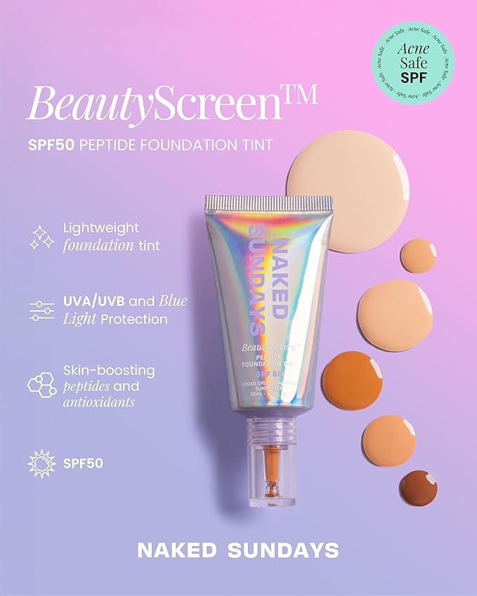 Naked Sundays BeautyScreen™ SPF 50 Mineral Peptide Foundation Tint – 2-in-1 Skin Tint & Mineral Sunscreen | Radiant, Buildable Coverage, Acne-Safe, Infused with Peptides (9.6. Rich Neutral, 1.01 oz)