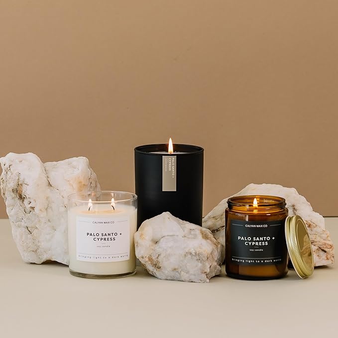 Calyan Wax Co. Palo Santo & Cypress Scented Candle - 75 Hour Burn - Luxury Non Toxic Soy Wax Candles - Long Lasting Black Tumbler Jar Candle for Home - 10.2oz