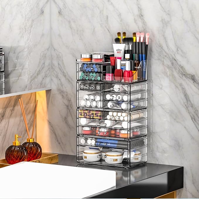 Cq acrylic Clear Make up Organizers for Vanity,Skincare Organizer With 13 Drawers for Dresser,Plastic Cute Desk Accessories Organization and Bathroom Organizers Storage Case Box for Beauty,Skin Care