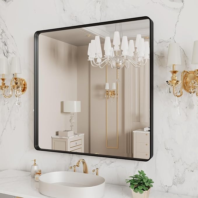 LOAAO 38x38 Inch Black Metal Framed Bathroom Mirror for Wall, Matte Black Bathroom Vanity Mirror Farmhouse, Large Rounded Rectangle Mirror, Anti-Rust, Tempered Glass, Hangs Horizontally or Vertically