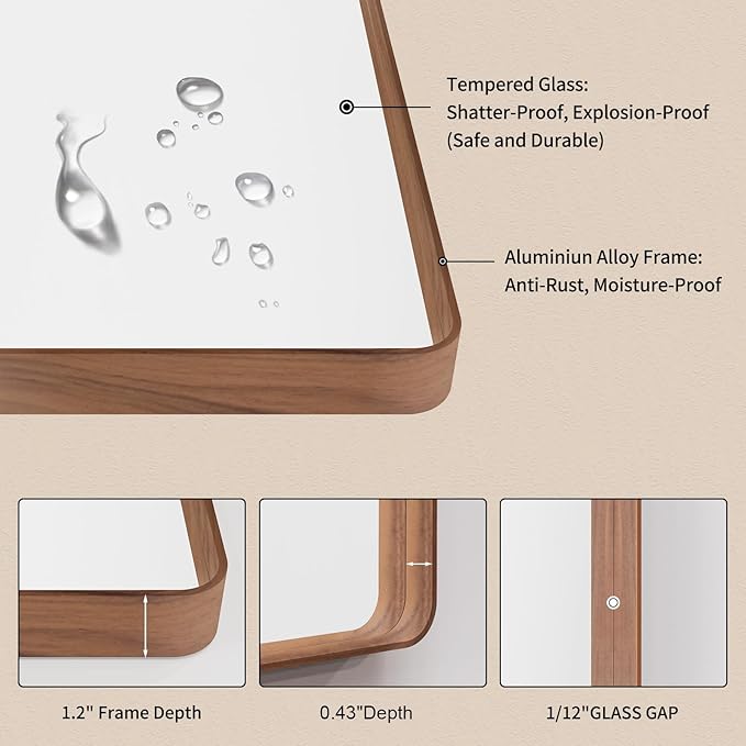 LOAAO 40X36 Inch Bathroom Mirror with Wood Grain Colored Metal Frame, Rounded Rectangle Metal Framed Bathroom Mirror, Anti-Rust, Hangs Horizontally or Vertically, Tempered Glass