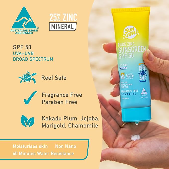 Sun Zapper Pure Zinc Mineral Sunscreen SPF 50, Reef Safe, Broad Spectrum UVA + UVB Protection, 25% Zinc, Water Resistant, Fragrance Free, Paraben Free, No White Cast, Natural Sun Cream - 3.52 Ounce