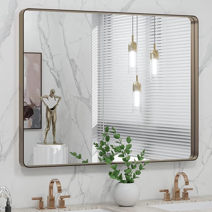 LOAAO 40”X30” Bronze Bathroom Mirrors for Vanity, Rounded Rectangle Brushed Bronze Metal Frame Mirror, Anti-Rust, Tempered Glass, Hangs Horizontally or Vertically