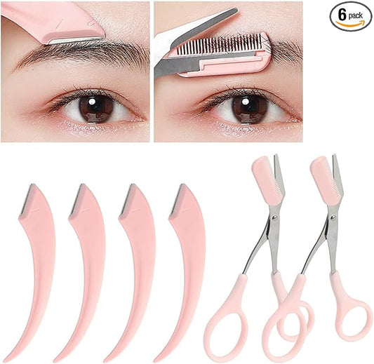 6 Pcs Eyebrow Trimmer Scissors with Comb, Curved Eye Brow Razor, Non-Slip Stainless Steel Facial Hair Removal Grooming, Brow Shaping Beard Shaving Kit Beauty Accessories for Women Men