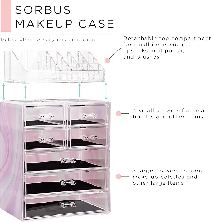 Sorbus Clear Cosmetic Makeup Organizer - Make Up & Jewelry Storage, Case & Display - Spacious Design - Great for Dresser, Bathroom, Vanity & Countertop (3 Large, 4 Small Drawers) [Tie Dye Print]