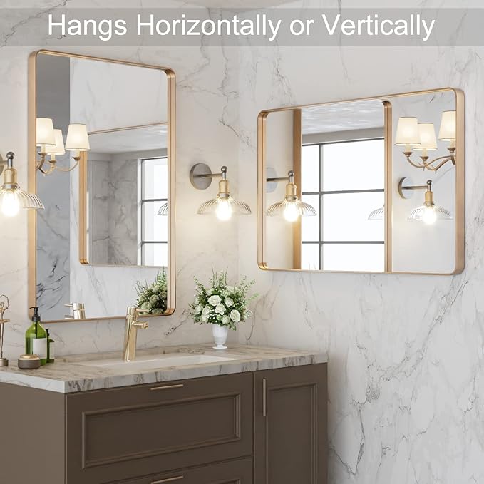 LOAAO 24”X32” Gold Bathroom Mirror, Rounded Rectangle Gold Frame Mirror, Brushed Gold Bathroom Vanity Mirror Wall-Mounted, Anti-Rust, Hangs Horizontally or Vertically